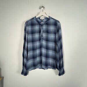 Cloth & Stone Women Blue Plaid Long Sleeve Henley Shirt Blouse Large Lightweight
